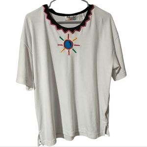 Vintage Embroidered Boho Top T-Shirt 80s 90s Rainbow Sun Collar Colorful Medium